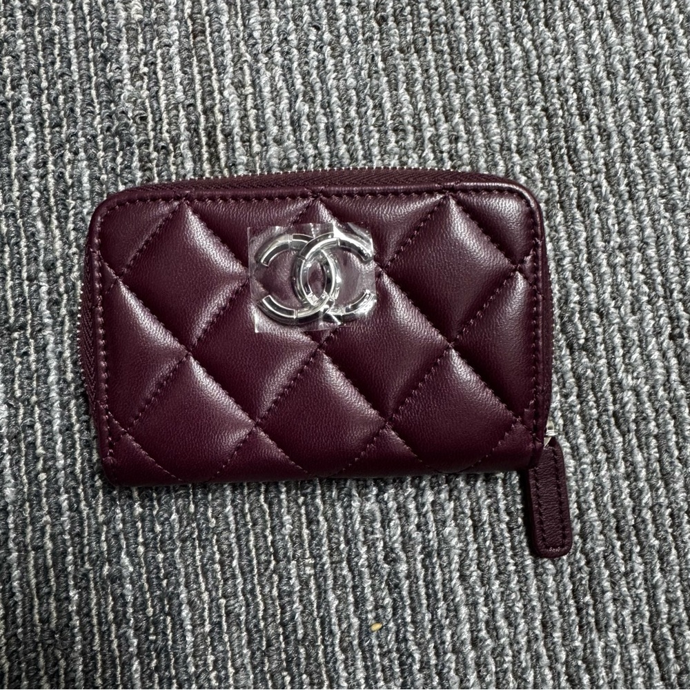 Chanel Dark Burgundy Quilted Wallet Coin Purse with Zip around  CC logo